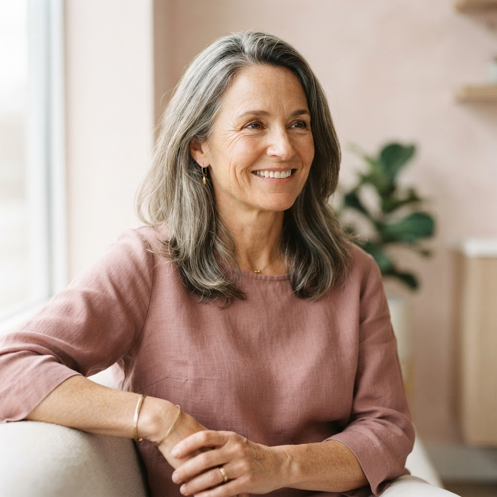 Smiling woman in her late forties seated in a bright, softly lit room