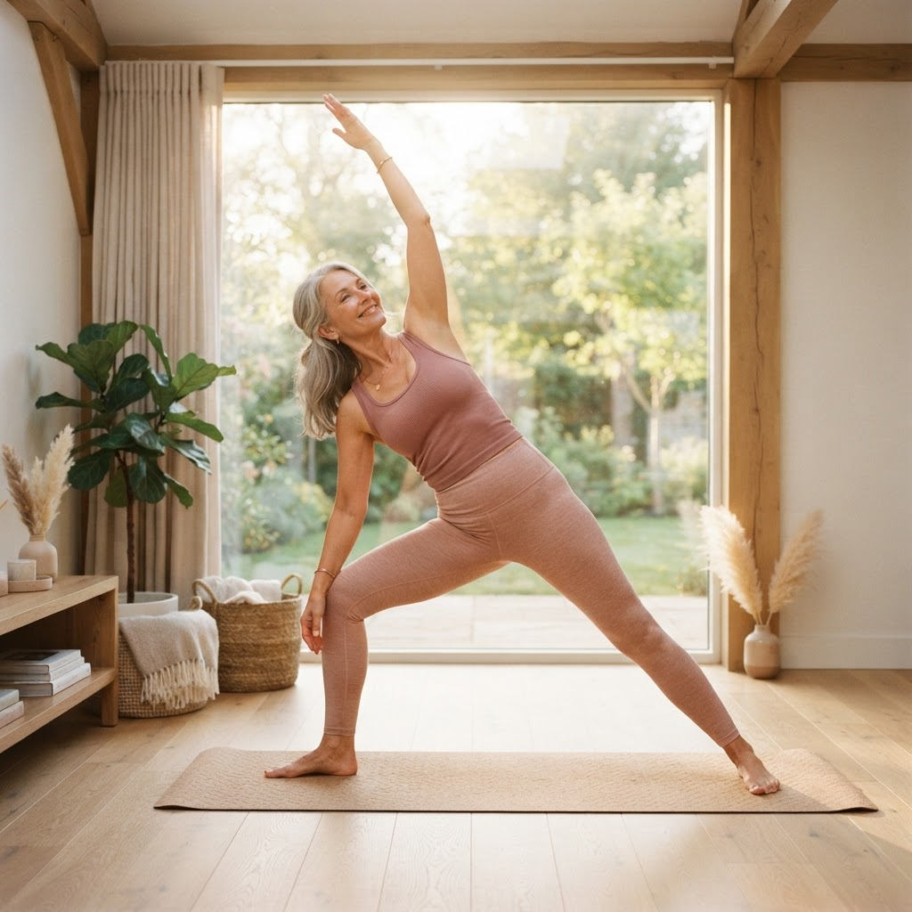 Woman stretching on a yoga mat beside a sunlit window