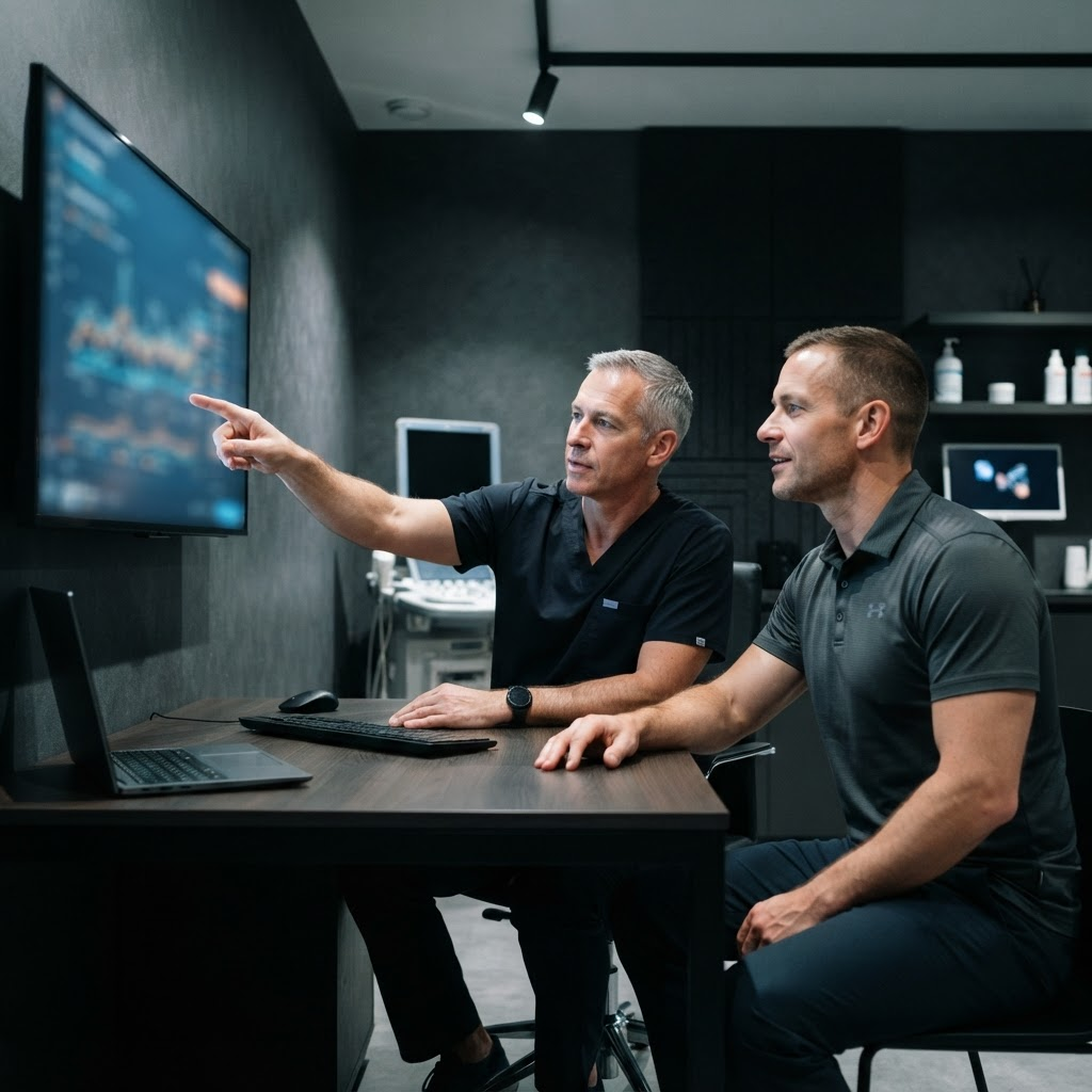 Physician reviewing bloodwork results on a monitor with a male patient